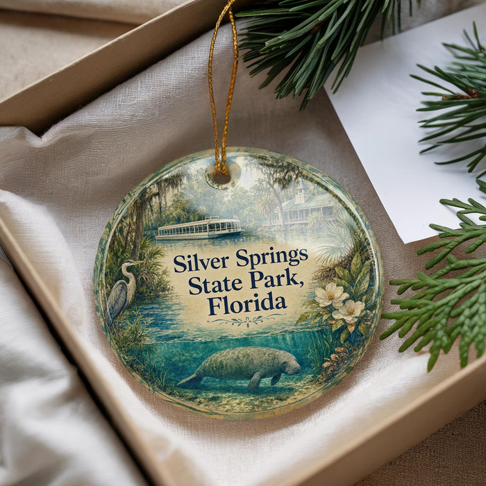 A decorative ornament with a scenic image of Silver Springs State Park, Florida, featuring a manatee, a bird, and a boat on a lake.