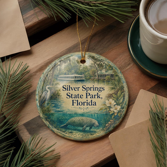 A round ornament with a painting of Silver Springs State Park, Florida, featuring a manatee and a bird, is displayed on a wooden surface alongside a cup of coffee and some pine branches.