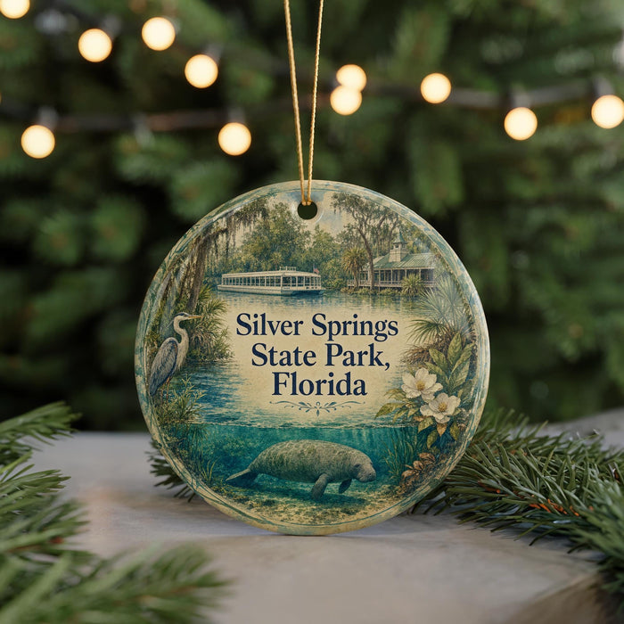 A round ornament featuring a scenic image of Silver Springs State Park in Florida, with a boat and a bird in the background.