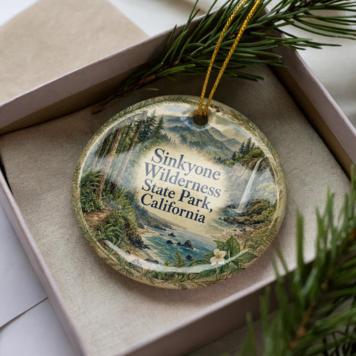 A decorative ornament with a scenic landscape of Sinkyone Wilderness State Park, California, featuring a forest, mountains, and a waterfall.
