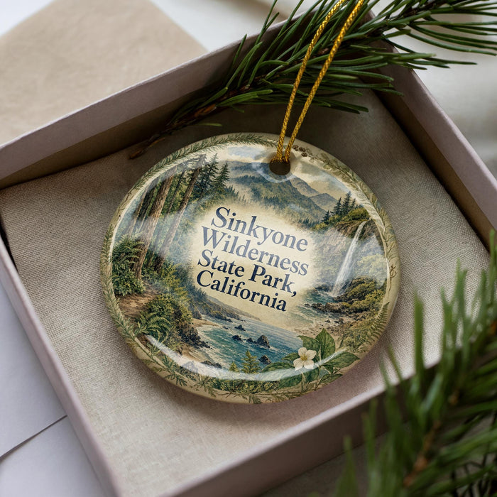 A decorative ornament with a scenic landscape of Sinkyone Wilderness State Park, California, featuring a forest, mountains, and a waterfall.