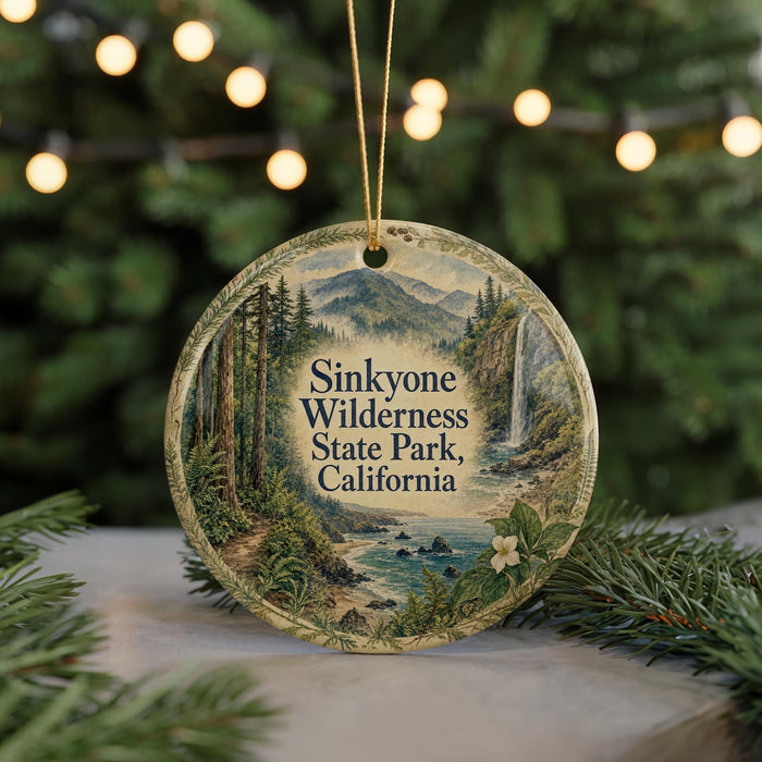 A round ornament with a scenic image of Sinkhole Wilderness State Park, California, hanging from a string.