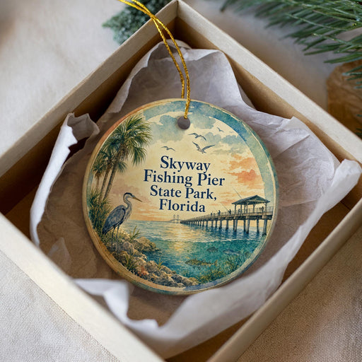 A circular ornament with a painting of a pier and palm trees, hanging from a string inside a box.