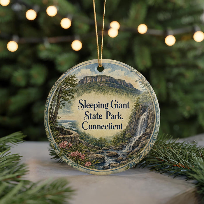 A round ornament with a scenic landscape of Sleeping Giant State Park, Connecticut, featuring a waterfall and mountains.