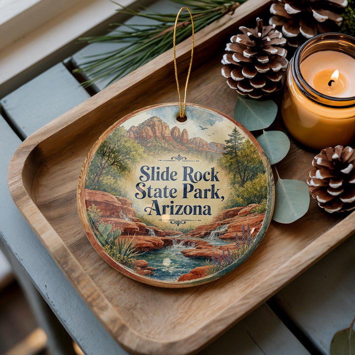 A wooden tray with a decorative ornament featuring a scenic landscape of Slide Rock State Park, Arizona, and pine cones.