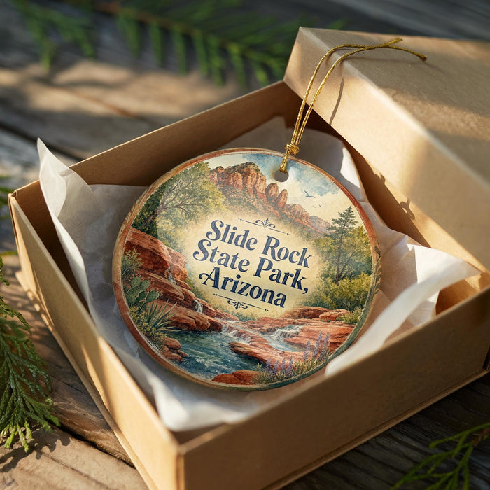 A wooden ornament in a box, featuring a scenic landscape with mountains, water, and greenery.