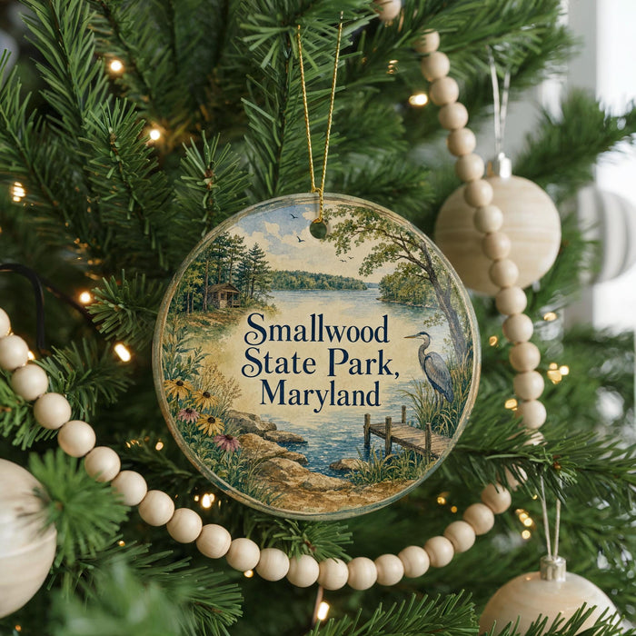 A round ornament hanging on a Christmas tree, featuring a scenic image of Smallwood State Park, Maryland.