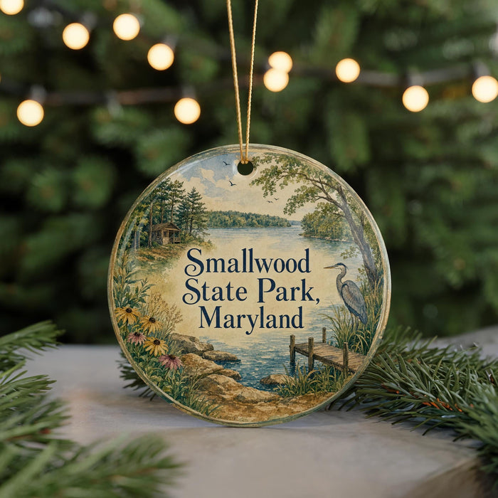 A circular ornament with a scenic landscape of Smallwood State Park, Maryland, featuring a lake, trees, and a bird, is displayed against a blurred background of Christmas lights.