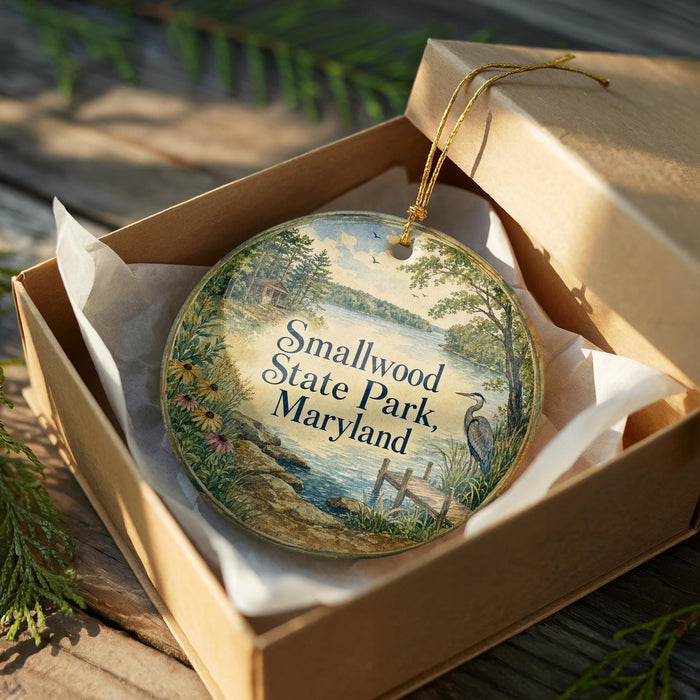 A decorative ornament in a box, featuring a scenic landscape with a lake, trees, and a bird, is placed on a wooden surface.
