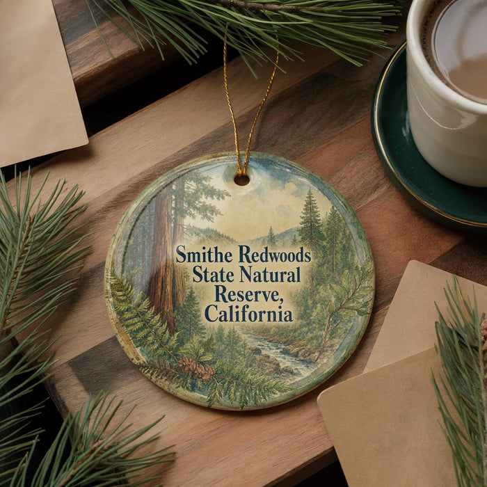 A round ornament with a forest scene and text, placed on a wooden surface next to a cup of coffee and some pine branches.