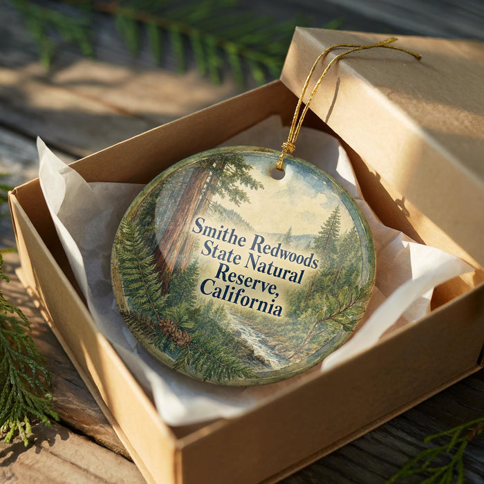 A round ornament in a brown box, featuring a scenic landscape with trees and a river, with the text "Smiththe Redwoods State Natural Reserve, California" printed on it.