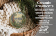 Ceramic ornaments, featuring a forest scene, are displayed in a woven basket.