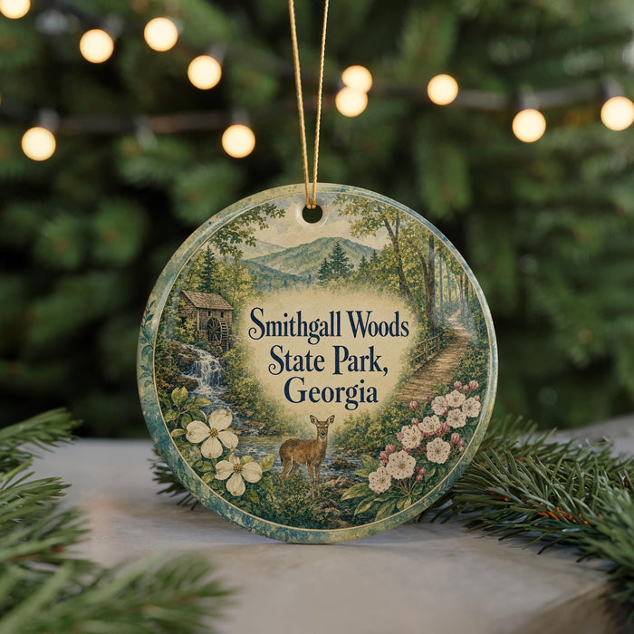A round ornament with a scenic image of Smithgill Woods State Park, Georgia, featuring a deer, flowers, and a waterfall.