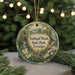 A round ornament with a scenic image of Smithgill Woods State Park, Georgia, featuring a deer, flowers, and a waterfall.