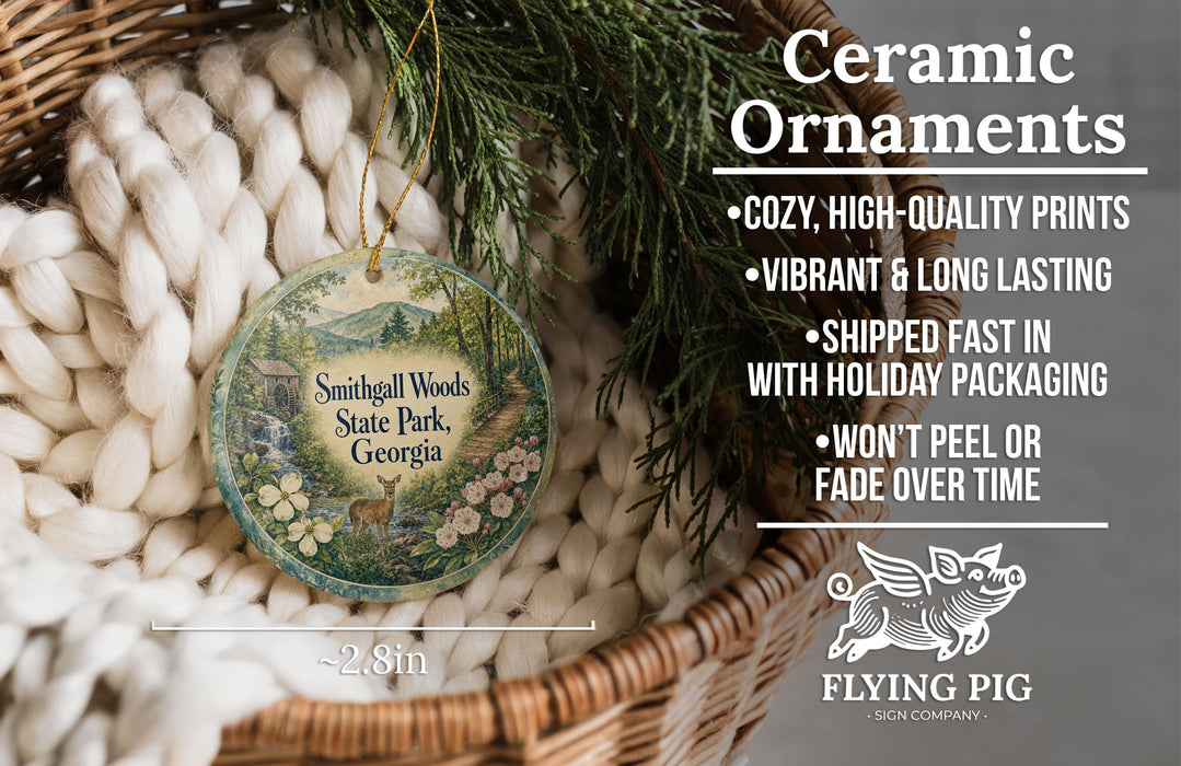 Ceramic ornaments, featuring a detailed image of Smithfield Woods State Park, Georgia, hanging from a wicker basket.