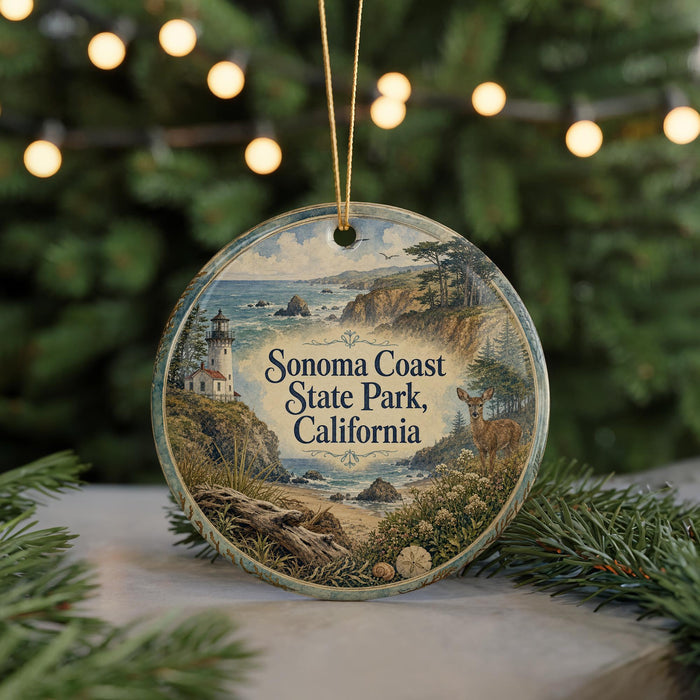 A round ornament with a scenic image of Sonoma Coast State Park, California, featuring a lighthouse, a deer, and a coastal landscape.