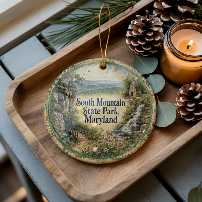 A decorative ornament featuring a scenic landscape of South Mountain State Park, Maryland, with a candle and pine cones on a wooden tray.