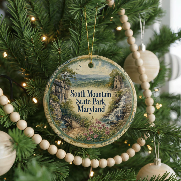 A round ornament hanging on a Christmas tree, featuring a scenic landscape with a waterfall and a castle in the distance.