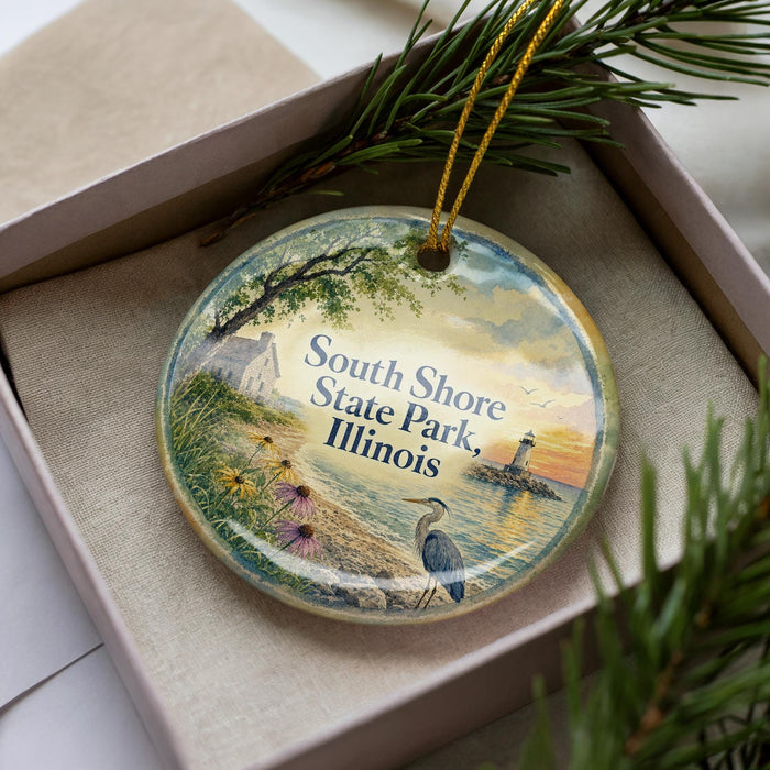 A decorative ornament in a box, featuring a scenic image of South Shore State Park in Illinois, with a lighthouse in the background.