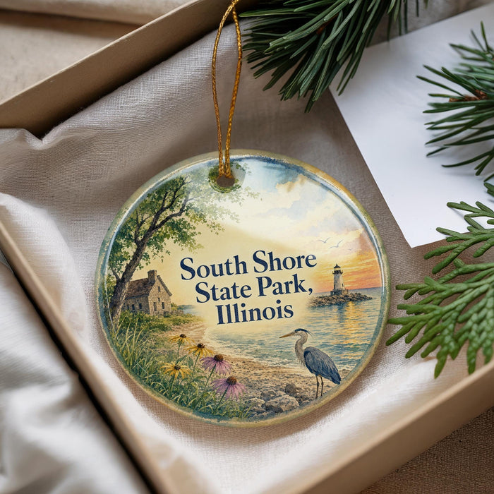 A decorative ornament with a scenic image of South Shore State Park, Illinois, featuring a lighthouse, a bird, and a sunset over the water.
