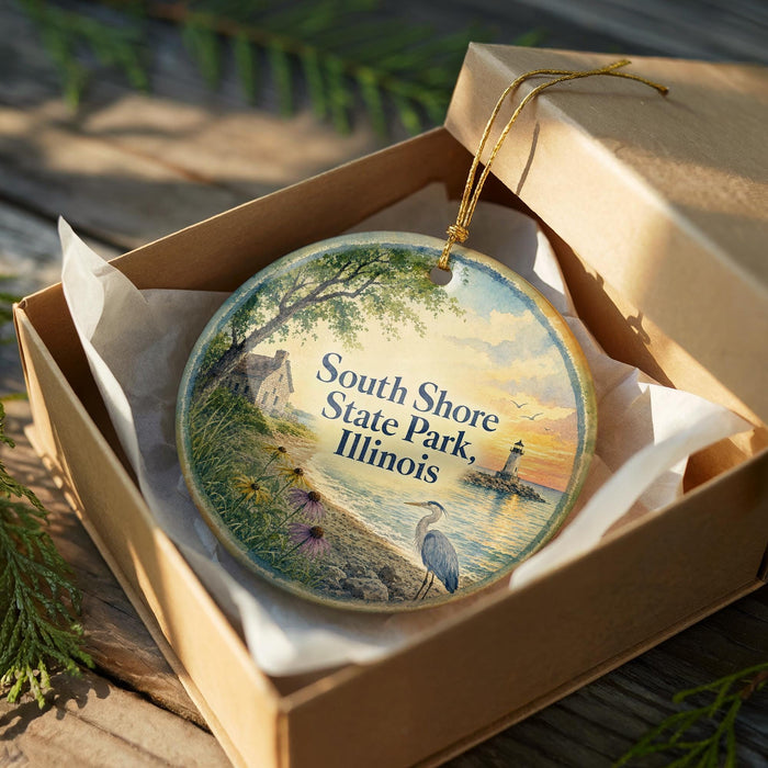 A decorative ornament in a brown box, featuring a scenic image of South Shore State Park in Illinois, with a lighthouse in the background.