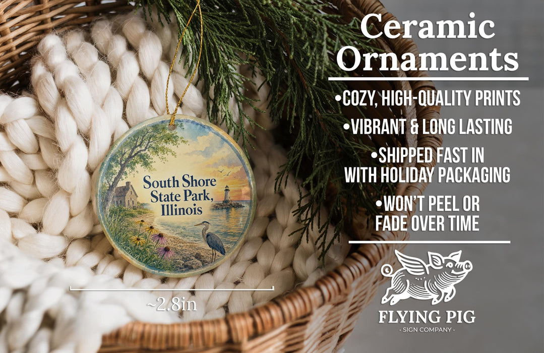 Ceramic ornaments, featuring a scenic image of South Shore State Park, Illinois, hanging from a wicker basket.