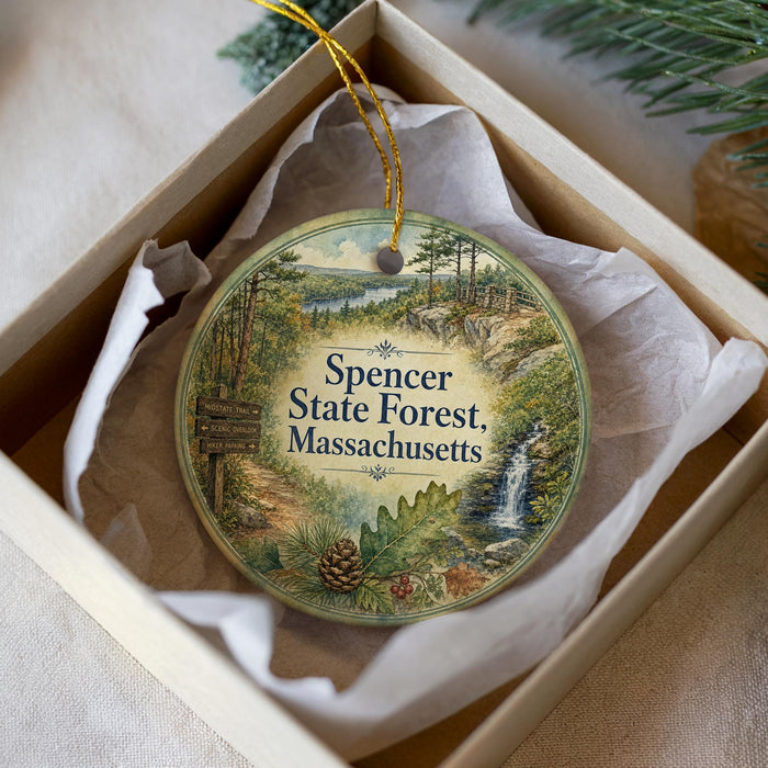 A round ornament with a scenic forest landscape and a trail sign, placed in a box with a white tissue paper lining.