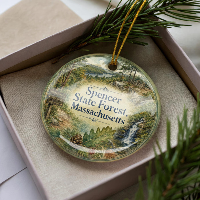 A decorative ornament in a box, featuring a scenic landscape with pine trees, a waterfall, and a forest.