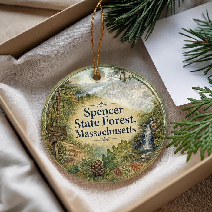 A decorative ornament with a forest scene and text, placed in a box with pine branches.