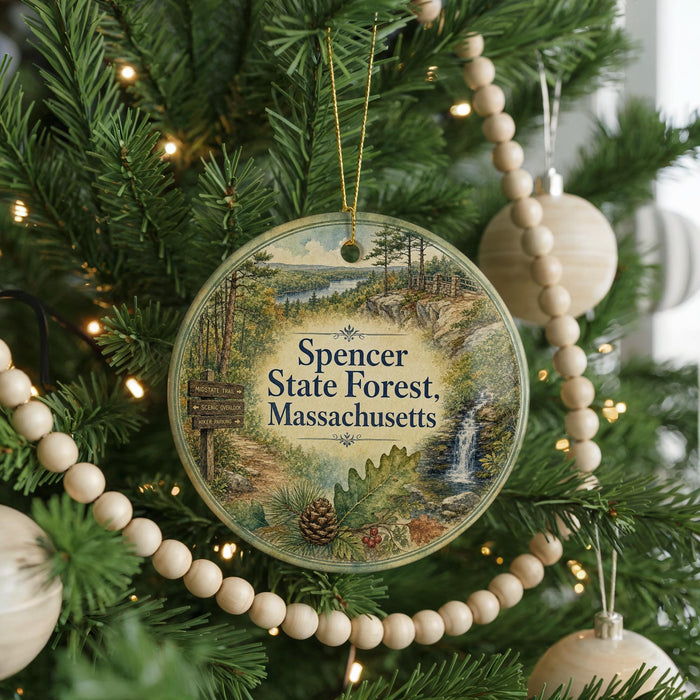 A round ornament hanging on a Christmas tree, featuring a scenic landscape with pine trees, a waterfall, and a trail marker.