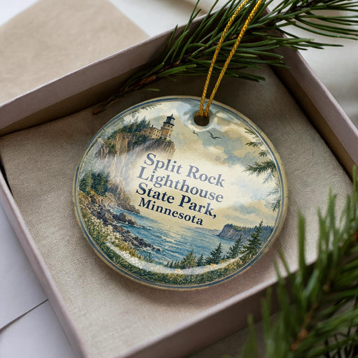 A decorative ornament in a box, featuring a lighthouse and a scenic landscape.