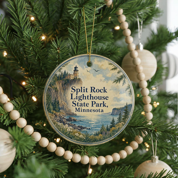 A round ornament hanging on a Christmas tree, featuring a lighthouse and a scenic landscape.