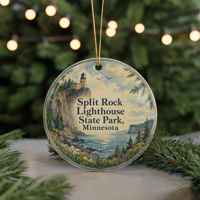 A round ornament with a lighthouse and a scenic landscape, featuring the words "Split Rock Lighthouse State Park, Minnesota" on it.