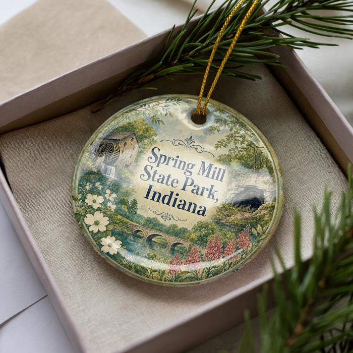 A decorative ornament in a box, featuring a scenic image of Spring Mill State Park, Indiana.