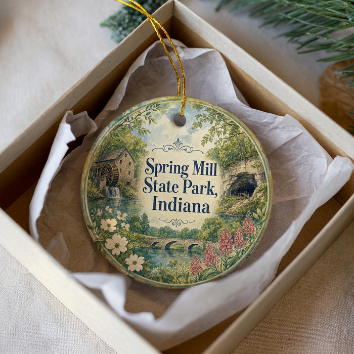 A decorative ornament in a white box, featuring a scenic image of Spring Mill State Park, Indiana.
