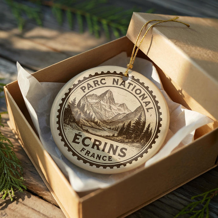 A circular ornament with the text "PARC NATIONAL ECRIANS FRANCE" is displayed in a wooden box, surrounded by greenery.