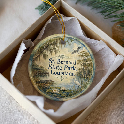 A circular ornament with a painting of St. Bernard State Park in Louisiana, hanging from a string.