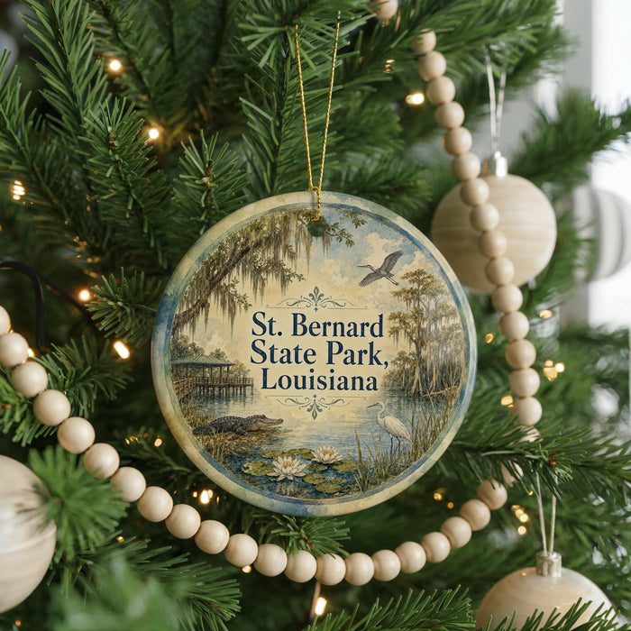 A circular ornament hanging on a Christmas tree, featuring a scenic image of St. Bernard State Park in Louisiana.