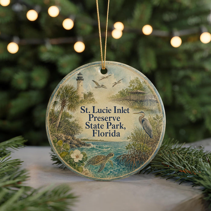 A round ornament with a lighthouse and birds, surrounded by greenery, is displayed in front of a blurred background with twinkling lights.