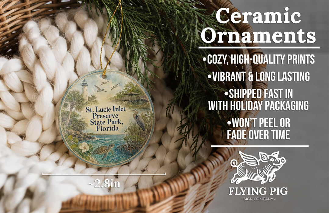 Ceramic ornaments, featuring a bird and a lighthouse, are displayed in a basket.