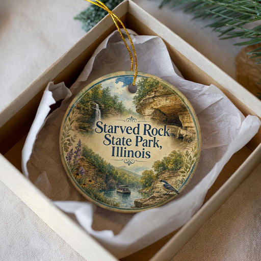 A decorative ornament in a box, featuring a scenic image of Starved Rock State Park in Illinois.