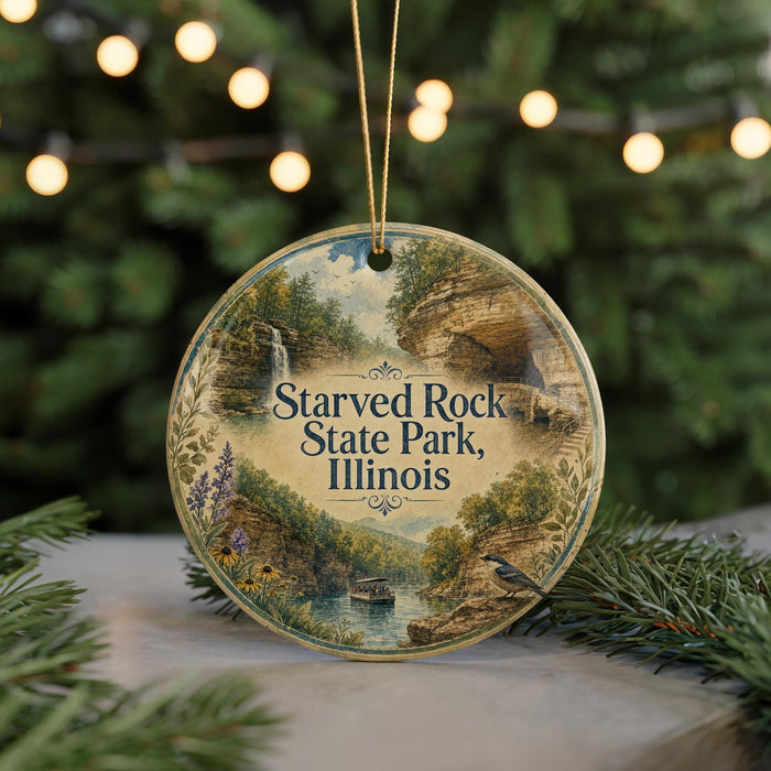 A round ornament with a scenic image of Starved Rock State Park, Illinois, featuring a waterfall and a bird in flight.