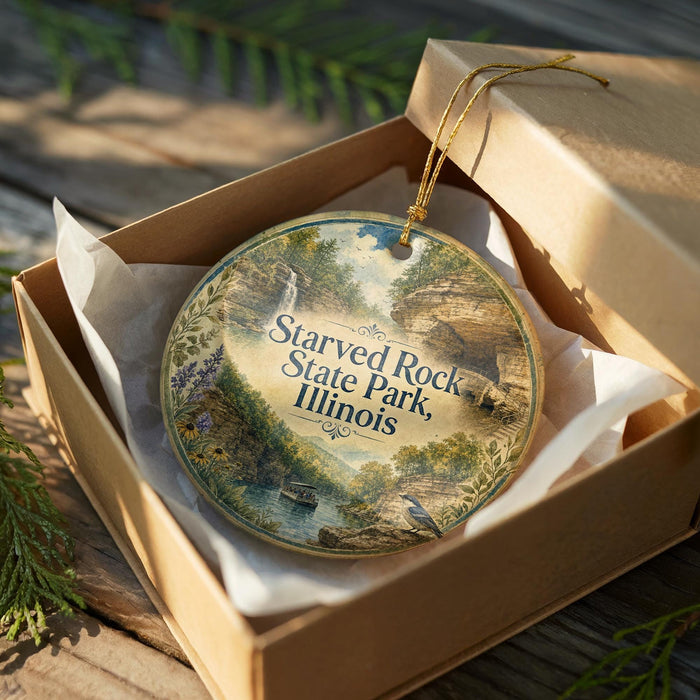 A decorative ornament in a cardboard box, featuring a scenic landscape with a waterfall and lush greenery.