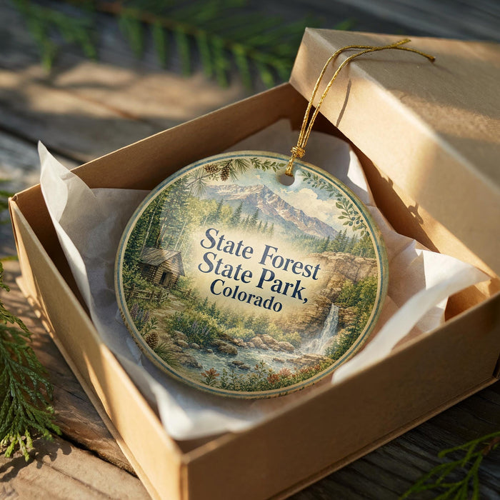 A decorative ornament in a brown box, featuring a scenic landscape with mountains, trees, and a waterfall.