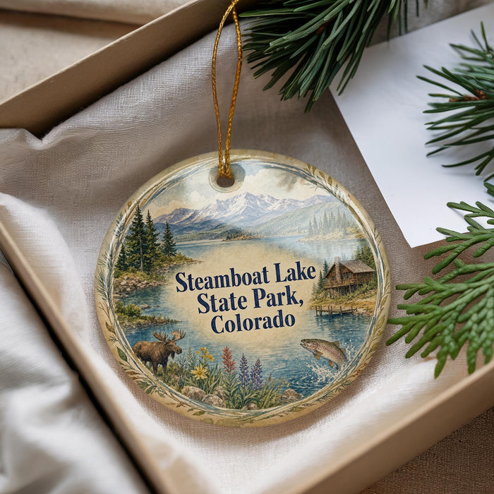A decorative ornament with a scenic image of Steamboat Lake State Park, Colorado, hanging from a string.