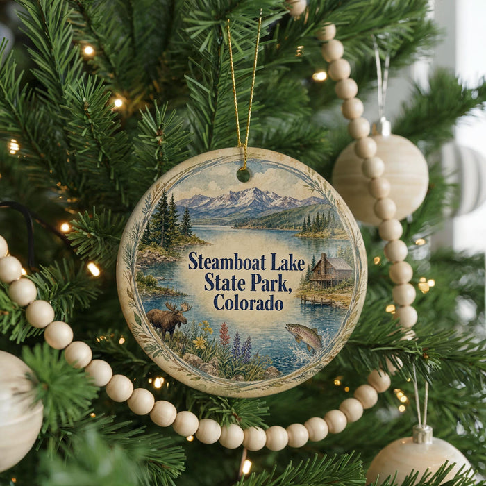 A round ornament hanging on a Christmas tree, featuring a scenic image of Steamboat Lake State Park, Colorado.