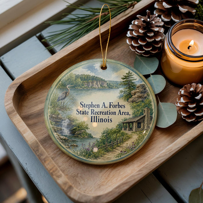 A decorative ornament featuring a scenic landscape with a lake, mountains, and a bird, along with text that reads "Stephen A. Forbes State Recreation Area, Illinois".
