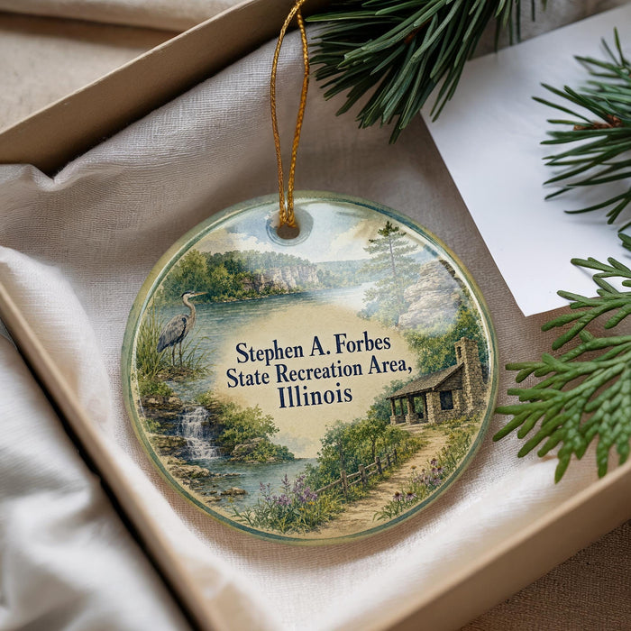A round ornament with a scenic landscape featuring a waterfall, a bird, and a cabin, hanging from a string.