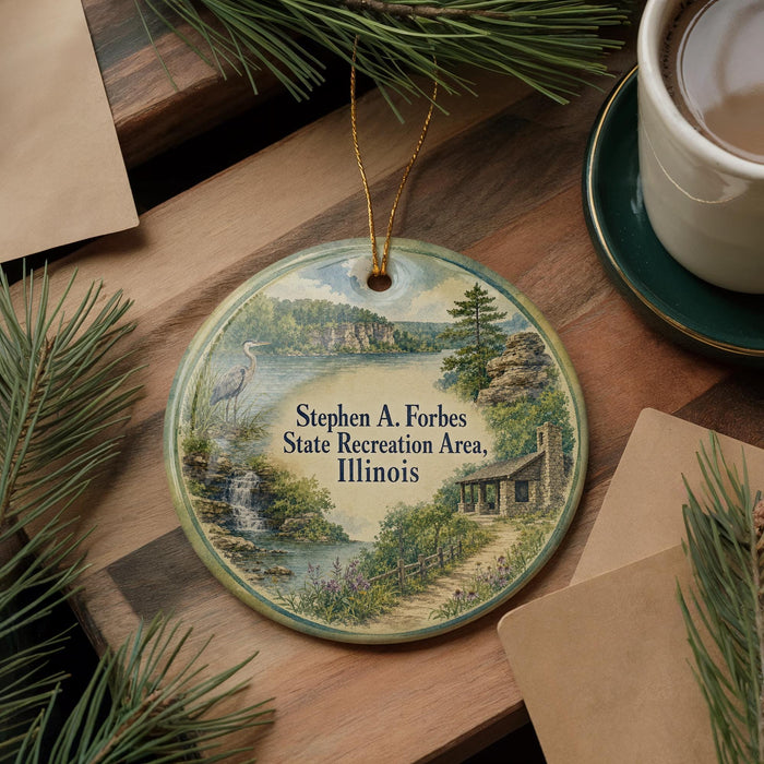 A round ornament with a scenic landscape depicting a waterfall, cabin, and forest, hanging on a wooden surface.