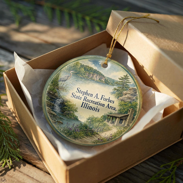 A decorative ornament in a box, featuring a scenic landscape with a lake, mountains, and a cabin.